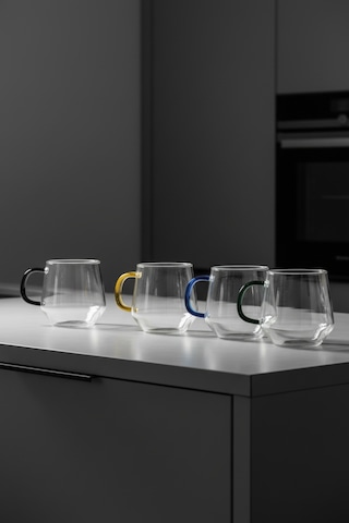 4 Kişilik Geometrik Tasarım Cam Çay Kupa Takımı 420 Ml Beyaz