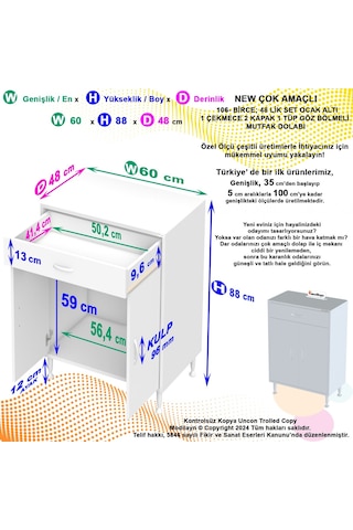 Birce 60 X 87 X 48 Cm Set Üstü Ocak Ve Tüp Bölmeli Çekmeceli Mutfak Dolabı Beyaz