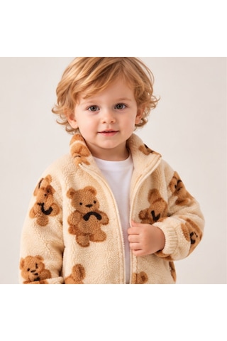 Maxx Kelın Erkek Bebek Ayıcık Desenli Peluş Fermuarlı Mont Ve Pantolon 2'li Takım 9-12-18 Ay Ekru