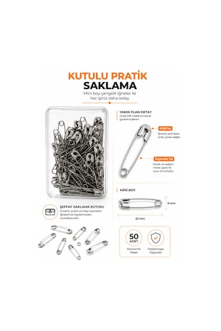 Mini Çengelli İğne 50 Adet Kutulu Gümüş Şal Türban Yaka Kartı Hobi Ve Dikiş İçin
