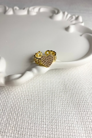 Kadın Yüzük Zincir Model Zirkon Taş Kalp Ayarlanabilir Yüzük Gold - Gümüş