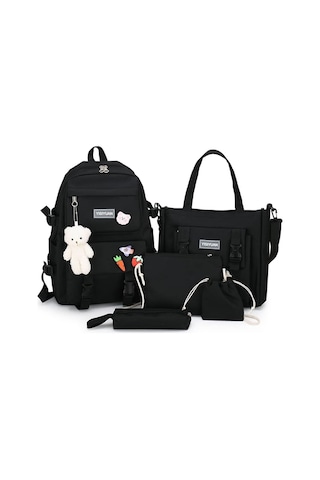 Aromee 5 Parça Set Kadın Laptop Sırt Çantası Tuval Okul Çantaları - Siyah