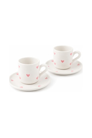 El Yapımı Seramik Türk Kahvesi Fincan Takımı,2 Kişilik-4 Parça Fincan Seti,75 Ml Çok Renkli - Pembe Kalp Desen