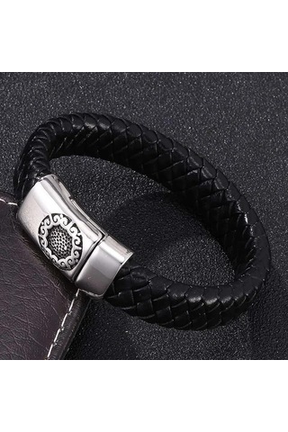 Üniseks Örgülü Hakiki Deri Bileklik Paslanmaz Çelik Tokalı Kadınlar Erkekler İçin Hediye Trend Takı Dokuma Bileklik Siyah