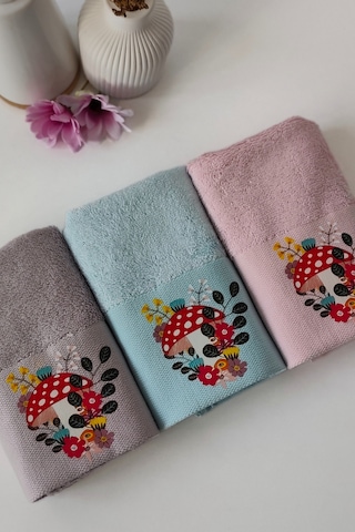 3'lü Dijital Baskılı Mantar Desenli Bambu Havlu Takımı - El & Yüz & Mutfak Havlusu - 30x50 Cm Mavı Krem