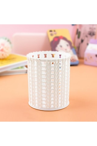 Yaratıcı Rattan Plastik Kalem Tutucu Içi Boş Kutular Öğrenci Masaüstü Ofis Kırtasiye Kova Kalem Bej