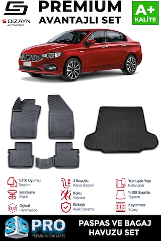 S-dizayn Fiat Egea Sedan 3d Pro Havuzlu Paspas Ve Bagaj Havuzu Seti 2'li Set 2015 Üzeri A+ Kalite
