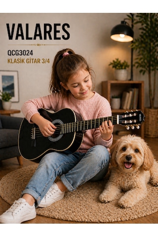 Valares Qcg3024 36 3/4 Klasik Gitar Çocuklar İçin İdeal Yumuşak Tını Kolay Çalım Çanta Ve Pena Hediye Siyah