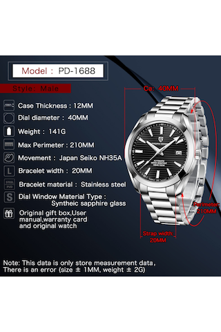 Pagani Design Pd-1688 Aqua Terra Erkek 40mm Retro Japonya Nh35a Otomatik Mekanik 100m Su Geçirmez Safir Çelik Saat Siyah