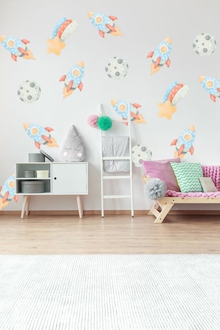 Sevimli Uzay Mekiği Ve Ay Temalı 20 Parça Çocuk Ve Bebek Odası Dekoratif Duvar Sticker Seti Figür 2