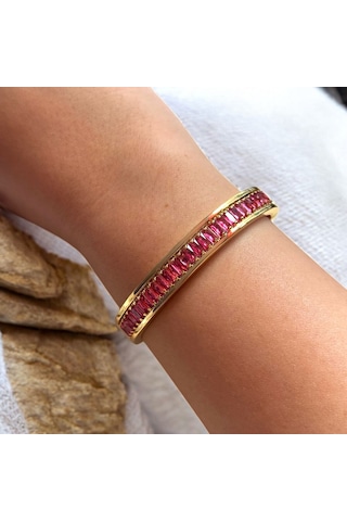 Kırmızı Sanat Evi Gold Pembe Sıralı Taşlı Şık Kadın Çelik Kelepçe