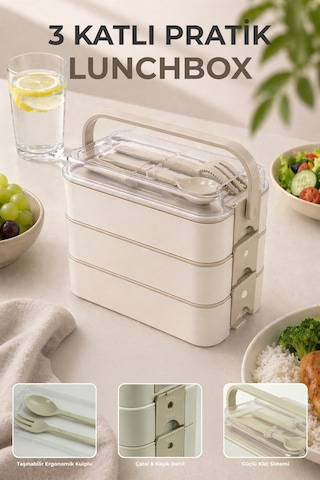 3 Katlı Bölmeli Lunchbox - Kilitli - Taşıma Saplı - Kaşık & Çatal Dahil Bej