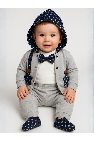 Erkek Bebek Papyonlu Hırkalı 3'lü Eşofman Takımı-16286 Gri