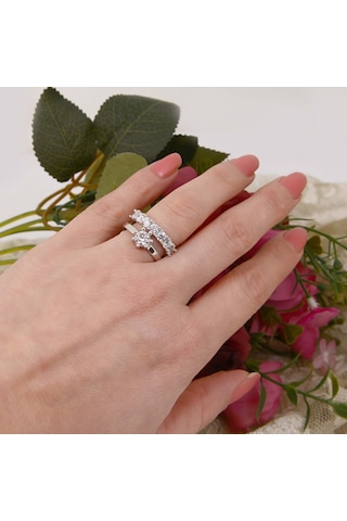 Zirkon Taşlı Gümüş Yeditaş Tektaş Kombin Ayarlanabilir Yüzük
