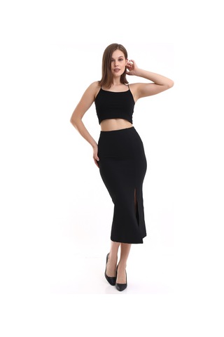 Winmoda34 Kadın Uzun Pamuklu Etek Yırtmaçlı Siyah
