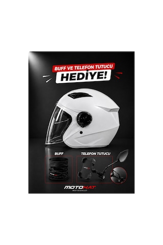 Güneş Vizörlü Kask - Telefon Tutucu Ve Buff Beyaz