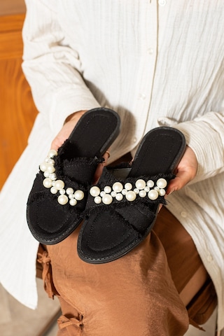 Dabab Shoes Mırella Kadın İncili Hasır Dokulu Düz Şık Siyah Terlik