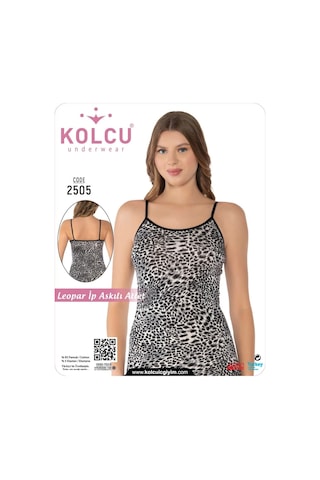 Kolcu Kadın Kar Leoparı Desenli Likralı İnce İp Askılı Premium Atlet Siyah Beyaz Leopar