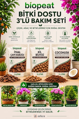 3'lü Bitki Bakım Seti 15 Lt İthal Çam Kabuğu + Kil Bilyesi + Cocopeat Orkide, Saksı Ve Bahçe Bitkileri İçin 1000