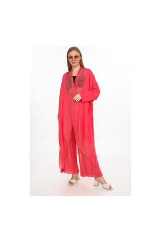 Bohem Stil Italyan Ipek Detaylı Oversize Kap Bluz- Wes Pantolon Takım-8863 Mercan Pembe