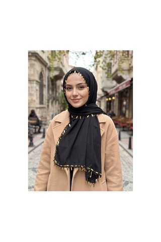 Umttrend Siyah Gold Pul Oyalı Pamuklu Kadın Eşarp 110x110 Cm