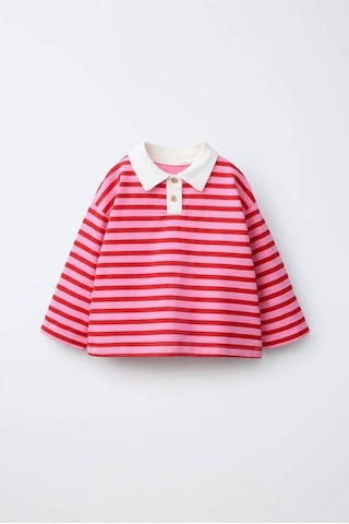 Minigimin Cicileri Polo Yaka Çizgili Oversize Kız Çocuk Sweatshirt - Kırmızı