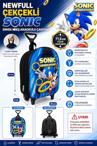 Newfull Çekçekli Sonic Erkek Anaokul Sırt Çantası-mavi Siyah
