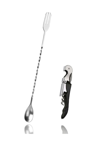 Burgulu Çatallı Bar Kaşığı 33 Cm Kokteyl Karıştırma Kaşığı & Çok Fonksiyonlu Açacak Tirbuşon Gümüş