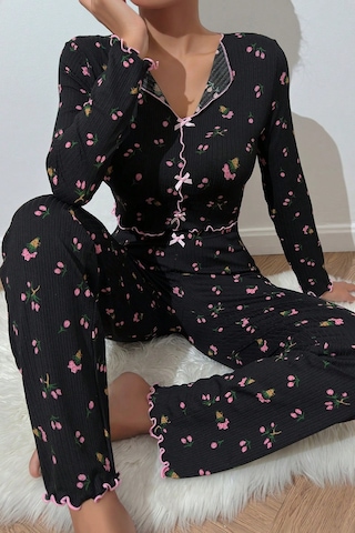 Merry See Baskılı Özel Kumaş Pijama Takımı Siyah