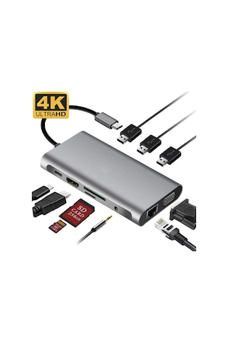 Ally 10 İn 1 Hdmı Vga Rj45 Pd Usb 3.0 Hub Adaptör Çoklayıcı- 5775 Gri