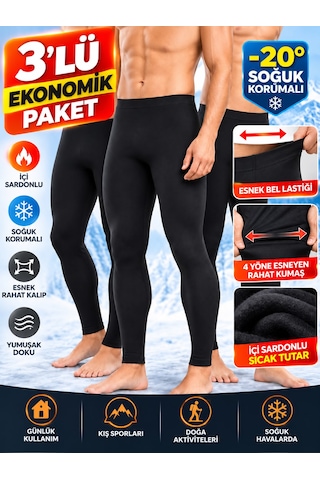 Qulat 3 Lü Ekonomik Paket Erkek Termal Tayt İçlik İçi Şardonlu, Sıcak Tutan, Esnek Kışlık Termal Alt Siyah