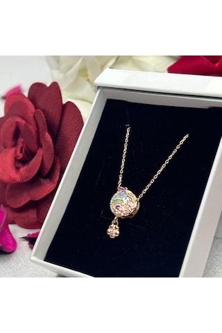 Gökkuşağı Ve Mineli Çiçek Sallantılı Kadın Kolyesi 925 Ayar Gümüş Zincirli Rose Gold Kaplama Zirkon Taşlı Gümüş