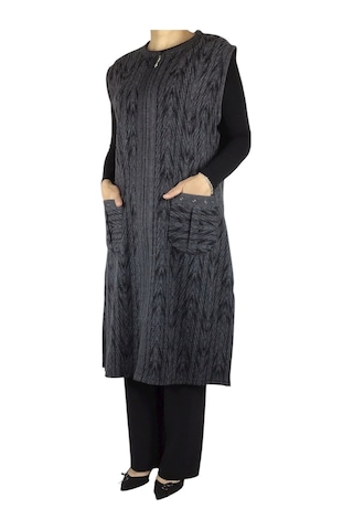 Önü Fermuarlı Desenli Cepli Kalın Kışlık Yelek Siyah