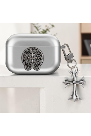 Caseonn Apple Uyumlu Airpods Pro 3 Kılıf Chrome Hearts Metalik Görünümlü Gotik Haç Figürlü Gümüş
