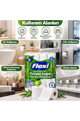 Flexı Bamboo 40 Rulo 3 Katlı Bambu Özlü Tuvalet Kağıdı