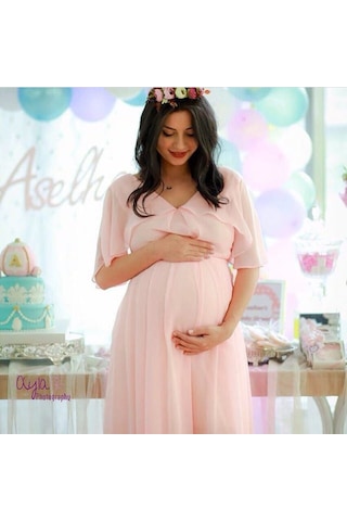 Modalabio Moda Labio- Babyshower Melek Kol Hamile Elbisesi Pudra