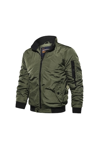 Şık, Düz Renk, Rahat, Dik Yakalı Erkek Uçuş Ceketi Mavi