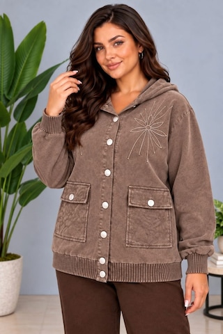 Cedy Denim Cedy -özel Tasarım Kadın Taş Ve Nakış İşleme Detaylı Düğmeli Kapüşonlu Sweat Hırka C7150 Kahverengi
