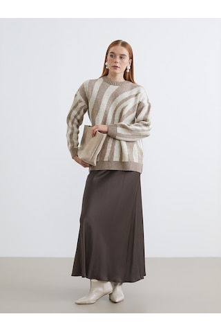 Lcw Modest Kahverengi Bisiklet Yaka Zebra Desenli Kadın Triko Tunik