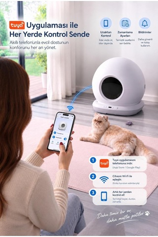 Sce001 Akıllı Otomatik Kedi Tuvaleti, Uygulama İle Uzaktan Kontrol, 75 L Hazne, Kendi Kendini Temizleyen, Koku Önleyici, Elekli Paspas + 15 Çöp Torbası Hediyeli Beyaz