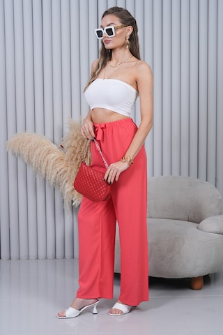 Polologin Butik Beli Bağcıklı Yüksek Bel Bol Paça Mercan Pantolon Kırmızı