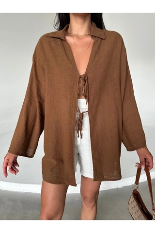 Kahve %100 Keten Bağcık Detaylı Kimono Bluz - 5218 Kahve