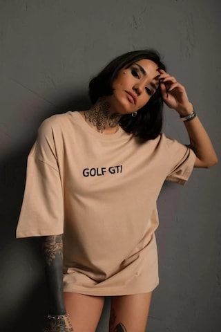 Twingold Kadın Oversize Baskılı Tişört Golf Gtı Retro Araba Desenli, Ön & Arka Dijital Baskı, Sokak Modası Bej