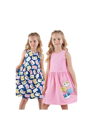 Denokids Sevimli Kediler Kız Çocuk 2'li Elbise Renkli Çok Renkli