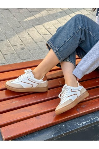 Erva'nın Butiği Beyaz Bej Cilt Wins Bağcıklı Kadın Sneakers-5690 Beyaz Cilt
