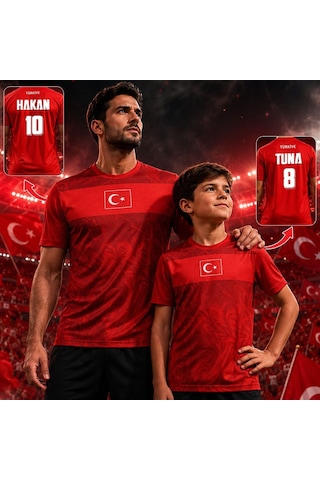 Bk Gift Kişiye Özel İsimli Ve Numaralı Baba&kız Set Türkiye Milli Takım Forması - Tek Yürek Milli Takım Ruhu Kırmızı