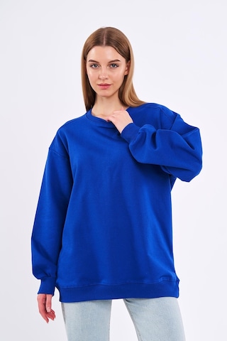 Mmetalic Saks Kadın Pamuklu Oversize Basic Bisiklet Yaka Sweatshirt 001