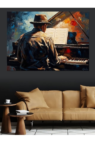 Ahşap Tablo Şapkalı Piyanist Ve Gece Müziği