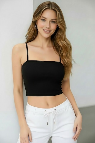 Fb Sister İp Askılı Fitted Fitilli Crop - Siyah Siyah