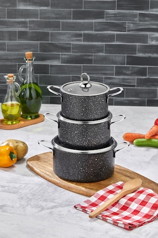 Polochef Hilal Granit 3'lü Mini Tencere Seti 12-14-16 Cm Kapaklı Siyah Siyah